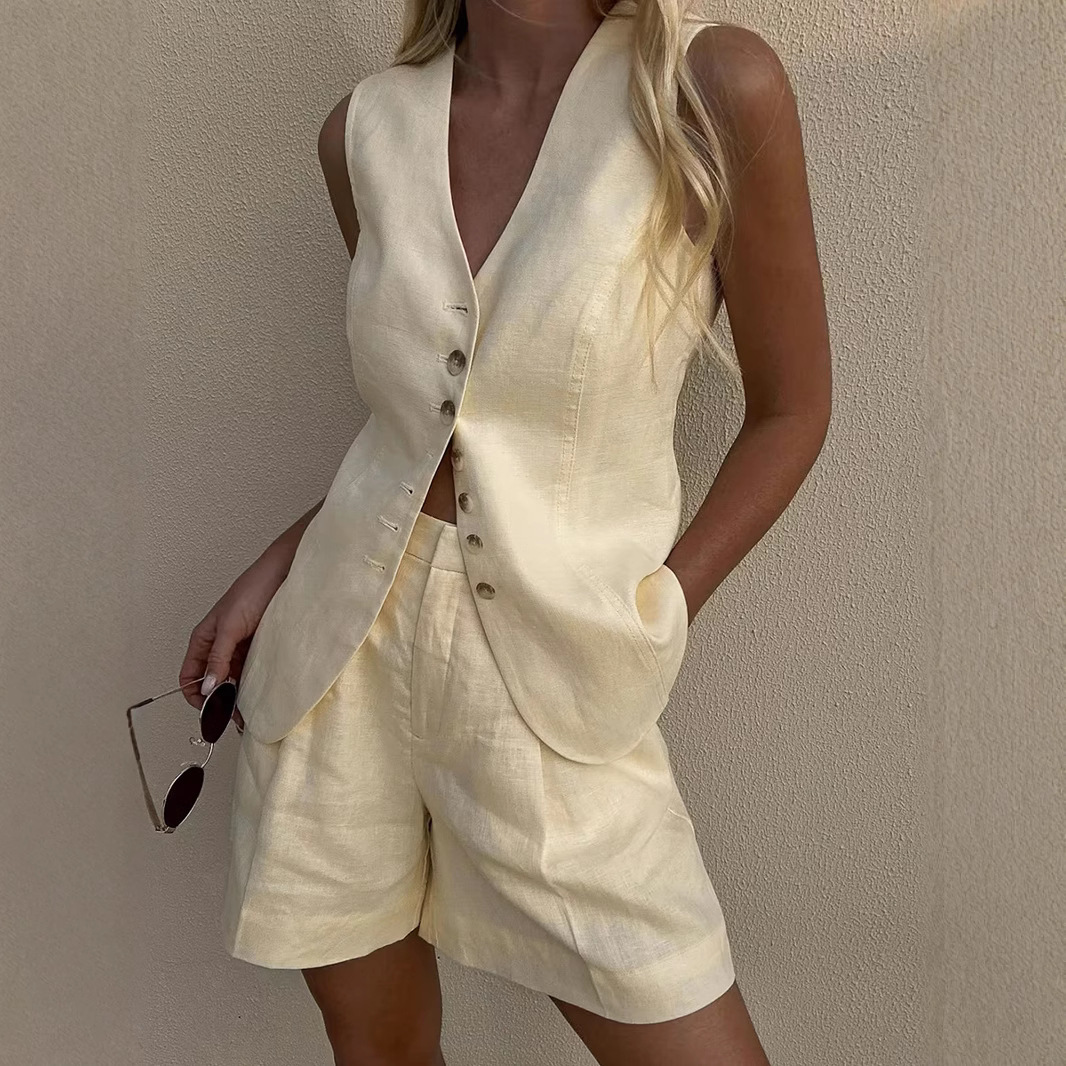 Summer Clothing Linen - Wolfeel-Conjunto de chaleco y pantalones cortos